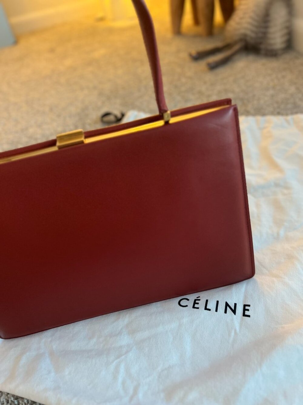 CELINE Clasp Bag Burgundy Leather Gold Hardware Phoebe Philo Era Italy